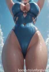 ai_generated breasts eula_(genshin_impact) genshin_impact hips large_breasts large_hips one-piece_swimsuit sweat sweatdrop swimsuit wet