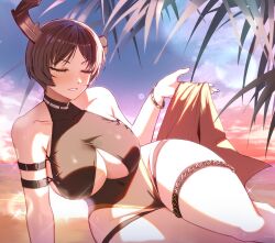 1girls big_breasts brown_hair cleavage clothing curvy female female_only library_of_ruina project_moon reindeer_antlers rudolph_(library_of_ruina) rule_63 short_hair tagme thick_thighs