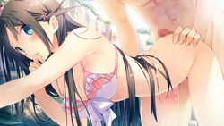 aka-san_to_kyuuketsuki aqua_eyes ass_grab bare_shoulders bent_over bikini black_hair blush breasts buttjob censored cleavage cum cum_on_hair cum_on_lower_body female finger_to_mouth game_cg highres kuwashima_rein large_breasts legs long_hair looking_back penis thighs