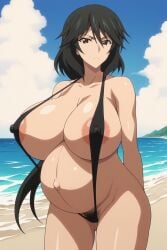 1girls ai_generated areolae beach big_breasts black_hair breasts chifuyu_orimura female female_focus female_only huge_breasts infinite_stratos large_areolae large_breasts long_hair looking_at_viewer mature_female orimura_chifuyu ponytail pregnant pregnant_belly pregnant_female sling_bikini yellow_eyes