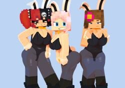 3d 3girls alternate_version_available blue_eyes breasts brown_hair bunny_ears bunnysuit choker cleavage ellie_walls_(odysseyellie) female female_only flower_in_hair freckles goth goth_girl green_eyes headband jenny_belle_(slipperyt) leotard looking_at_viewer makeup minecraft multicolored_hair odysseyellie pink_hair simple_background smiling smiling_at_viewer tagme tattoo zoey_(zoeyistoosmall)