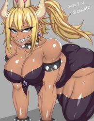 1girls ass black_stockings blonde_hair blue_eyes bowsette breasts clothed_female crown dark-skinned_female eyelashes female horns image looking_at_viewer mario_(series) muscular_female nintendo on_all_fours purple_ear_ring sharp_teeth slit_pupils spiked_armlets spiked_bracelets spiked_collar teeth zokusuke