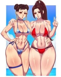 2girls arm_on_shoulder arm_on_stomach big_ass big_breasts blue_bikini chun-li fatal_fury female female_focus female_only girl king_of_fighters mai_shiranui mommy mommy_milkers only_female ox_horns peace_sign ponytail red_bikini six_pack smiling_at_viewer street_fighter thick_thighs