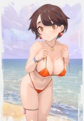 beach bikini black_hair bracelet cleavage earrings female female_only game_freak necklace nintendo outdoors pokemon pokemon_oras red_bikini revealing_clothes skimpy_clothes solo tagme thighlet yugen99 zinnia_(pokemon)