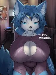 anthro big_breasts blue_body blue_eyes blue_fur breasts canid canine cleavage clothed clothed_female clothing dialogue female fox furry krystal looking_at_viewer mammal navel navel_visible_through_clothes necklace nintendo nipple_bulge nipples ozoneserpent star_fox tail talking_to_viewer text white_body white_fur