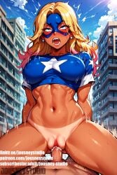 1boy abs ahe_gao ai-created ai_generated areolae artist_name bikini_tan blonde_hair blue_eyes blue_sky blush bottomless breasts building city clitoris clothed_sex clothing cloud cowgirl_position crop_top dark_skin day dc dc_comics domino_mask earrings english_text eye_mask eyes_visible_through_hair female jewelry jousneystudio justice_society_of_america large_breasts lips long_hair male mask midriff multicolored_hair muscle nakadashi navel nipples on_top open_mouth orgasm outdoors penis pov saliva semen sex short_sleeves sky slender_waist solo_focus speed_lines spread_legs star_(symbol) star_earrings star_print stargirl stomach straddling straight superhero sweat tanlines tears teeth thick_thighs thighs tongue uncensored vagina vaginal_penetration