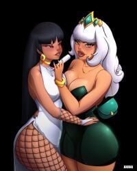 2023 2girls axidia biting_own_lip black_background black_hair blush breast_to_breast chel crossover dark-skinned_female dark_skin dreamworks dress drinking_glass elegant elegant_dress female female_only fishnet_armwear fishnet_pantyhose fishnets handbag heart-shaped_pupils hi_res jewelry league_of_legends looking_at_partner looking_at_viewer orange_eyes qiyana_yunalai red_eyes riot_games smiling smiling_at_viewer the_road_to_el_dorado thick_thighs white_hair yuri