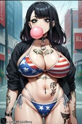 1girls 4th_of_july ai_generated american_flag american_flag_bikini american_flag_legwear big_breasts bikini bikini_top bubble_blowing bubble_gum chewing_gum cowgirl_position female female genshin_impact gum gyaru milf miss_io raiden_shogun tattoo tattoo_on_arm