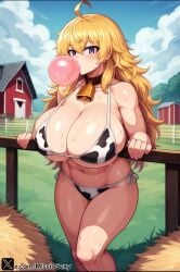 1girls ai_generated big_breasts bikini bikini_top bubble_blowing bubble_gum chewing_gum cow_bikini cow_girl cowgirl cowgirl_position female gum milf miss_io rwby yang_xiao_long