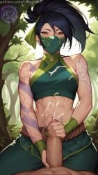 abs ai_generated akali black_hair clothed_female cum cum_on_body cum_on_stomach double_handjob female_on_top femdom fit_female handjob league_of_legends looking_at_viewer looking_down male_pov ponytail raiven riot_games