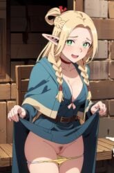 ai_generated ai_moke bare_legs blonde_hair blush censored censored_pussy dress_lift dungeon_meshi elf elf_ears elf_female green_eyes hairy_pussy huge_breasts large_breasts light-skinned_female light_skin long_hair looking_at_viewer marcille_donato panties panties_down presenting_pussy pussy smiling solo_female thick_thighs thighs voluptuous voluptuous_female