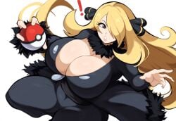 ai_generated black_clothing blonde_hair bursting_breasts cynthia_(pokemon) female huge_breasts mullon novelai poke_ball pokemon pokemon_champion pokemon_dppt