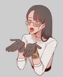 1girls 5_fingers black_hair clothing fingers flat_chest flat_chested glasses gloves grey_background half_body light-skinned_female light_skin limbus_company long_hair pleading project_moon red_eyes ryoshu_(limbus_company) shaded tongue_out white_shirt