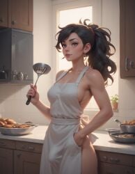 1futa ai_generated apron apron_only black_hair blue_eyes bulge clothed cooking covered_nipples earrings futa_only futanari hair hand_in_pocket human kitchen kitchen_table long_hair oc original_character ponytail red_ribbon self_upload sideboob skinny spatula standing window