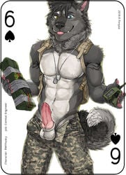 2018 abs animal_genitalia animal_penis anthro balls blep canine canine_penis card clothed clothing digital_media_(artwork) dog_tags english_text erection explosives fonyaa fur grey_fur hair husky knot male male_only mammal military muscular muscular_male navel nipples pants partially_clothed pecs penis playing_card simple_background smile solo standing text tongue tongue_out topless uniform