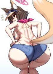 allied_hyakkiyako_academy_student animal_ear_fluff animal_ears ass back bikini blue_archive breasts brown_hair cutoffs eyeshadow female fox_ears fox_girl fox_tail from_behind halo highleg highleg_bikini huge_ass izuna_(blue_archive) izuna_(swimsuit)_(blue_archive) jadf looking_back makeup medium_breasts ninjutsu_research_club_(blue_archive) oerba_yun_fang scarf short_hair short_shorts shorts solo swimsuit tail visor_cap wide_hips yellow_eyes