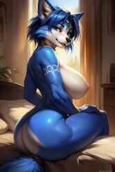 5_fingers ai_generated anthro bed bedroom big_breasts big_nipples blue_body blue_hair blue_tail female fox fox_girl fox_tail furry furry_female furry_only green_eyes krystal krystal_(star_fox) sexual_pose star_fox