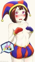 1girls covered_nipples covering_breasts female female_only jester jester_hat mishislover pomni_(the_amazing_digital_circus) small_breasts the_amazing_digital_circus