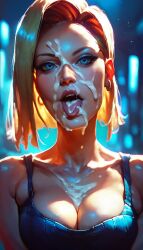 1female 1girls ahe_gao ahegao ahegao_face ai_generated android android_18 big_breasts blonde_hair breasts cleavage cum_in_mouth cum_on_face darkimperium dragon_ball dragon_ball_z facial female female_only solo solo_female tagme tongue tongue_out