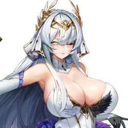 armpits bare_shoulders blind blind_princess blue_flower cleavage color dress elbow_gloves female female_focus female_only flower fringe fringe_hair game_cg hair_on_breasts hair_ornament hair_over_breasts hair_over_eyes last_origin laurel_crown long_hair looking_at_viewer mr._yun one_eye_closed one_eye_open shiny_eyes sleeveless sleeveless_dress tiara transparent_background veil white_collar white_dress white_hair white_veil yellow_eyes