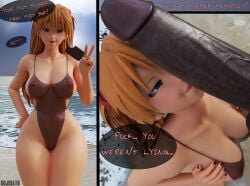 3d 3d_(artwork) asuka_langley_sohryu beach big_breasts big_penis bikini blender breasts cock cock_worship dark-skinned_male dialogue gojisato huge_penis imminent_sex instant_loss_2koma interracial neon_genesis_evangelion penis penis_awe penis_on_face see-through_clothing size_queen smug text thick_thighs uncensored