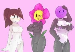 3girls battle_for_bfb battle_for_bfdi battle_for_dream_island battle_for_dream_island_again bfb bfdi bfdia black_body blush breasts_out brown_hair completely_nude covered_nipples covering_breasts dora_(bfdi) exposed_breasts exposed_nipples exposed_pussy female female_focus female_only flower_(bfdi) leaves leaves_on_body lollipop_(bfdi) naked naked_female nippless no_nipples object_show object_shows peace_sign pink_blush pink_petals purple_face ripped_clothing sfcsnsfw sweatdrop tagme tagme_(artist) white_body white_face white_shirt white_skin yellow_skin