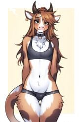 ai_generated animal_ears animal_nose anthro anthro_femboy anthro_only black_collar blush bovid bovine brown_fur brown_hair chest_tuft collar cow_boy cow_femboy exposed_shoulders eyelashes eyeshadow femboy femboy_focus femboy_only fit flat_chest furry furry_breasts furry_femboy furry_male furry_only green_eyes hair_over_one_eye horns hourglass_figure long_hair looking_at_viewer majorfluffy male_focus narrow_thighs narrow_waist novelai smile solo solo_anthro solo_male spots tagme two_tone_body two_tone_fur white_fur wide_hips