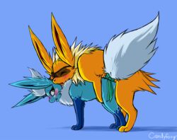 2013 blush candyfoxy closed_eyes cum cum_inside doggy_style eeveelution eyewear female feral from_behind jolteon male nintendo pokemon raised_tail sex sunglasses video_games