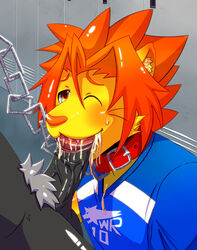 amber_eyes anothers anthro balls blush collar cum cum_in_mouth cum_inside feline fur furry furry_only gay lion male morenatsu oral penis soutaro vein