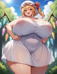 ai_generated alternate_body_type alternate_breast_size blush cute_fang flandre_scarlet gigantic_breasts gigantic_thighs hands_on_hips nipple_bulge nipples_visible_through_clothing sassy see-through smile stable_diffusion sundress thick_thighs touhou voluptuous white_dress wide_hips