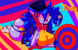 big_ass big_breasts blue_hair commission commission_art deviantart funny_colors grey_skin jmcchannel_(artist) joyona lying_on_floor oc posing red_bun red_gloves smiling_at_viewer tongue_out