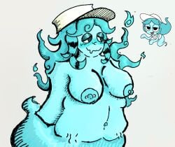 artist artist_signature artist_upload belly belly_button blue_body blue_hair blue_skin blush chubby_female connie_(dandy&#039;s_world) dandy&#039;s_world dandys_world exposed_breasts ghost ghost_girl hat incomplete pierced_nipples piercings reference_image self_upload stretch_marks tummy white_hat