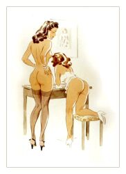 2girls ass ass_focus brown_hair female female_only gert_gagelmann heels lingerie multiple_girls standing vintage