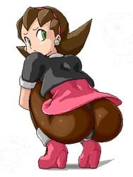 ass brown_hair bubble_butt butt_crack capcom crotch_plate green_eyes isu kobun leggings looking_back lowres mega_man mega_man_legends oekaki pantyhose see-through see-through_clothing squatting thong tron_bonne