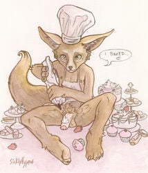 anthro apron baking balls canine chef cream dialog english_text erection fennec fox furry furry_only heart long_ears looking_at_viewer male male_only nipples pastry penis plain_background pubes sicklyhypnos sitting solo strawberry text uncut white_background yellow_eyes