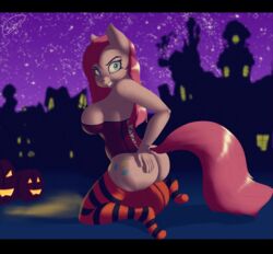 2013 animated anthro anthrofied ass blue_eyes breasts corset cutie_mark equine female friendship_is_magic fur hair halloween hi_res holidays horse looking_at_viewer my_little_pony outside pink_fur pink_hair pinkamena_(mlp) pinkie_pie_(mlp) pony presenting pumpkin sideboob skipsy solo stockings straight_hair