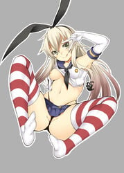 :q anchor bare_shoulders black_panties blonde_hair blush breasts daive elbow_gloves female flat_chest gloves green_eyes hair_ornament hair_ribbon highres kantai_collection long_hair looking_at_viewer navel nipples no_bra panties panty_pull personification ribbon sailor_collar shimakaze_(kantai_collection) shirt_lift sitting skirt solo spread_legs striped striped_legwear thighhighs tongue underwear v white_gloves