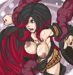 black_hair breasts gravity_rush imminent_rape imminent_sex large_breasts nipples raven_(gravity_rush) red_hair restrained tentacle top_pull topless two_tone_hair