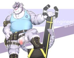 balls barazoku boots bottomless clothed clothing ear_piercing feline footwear invalid_tag justin kamyuelo male male_only mammal penis piercing shirt stripes tank_top tiger tools utility-belt wrench