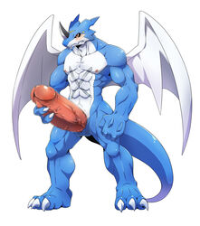 abs anthro balls biceps big_muscles blue_skin censored claws digimon dragon erection exveemon harusuke horn male male_only muscles nude pecs penis red_eyes reptile scalie wings