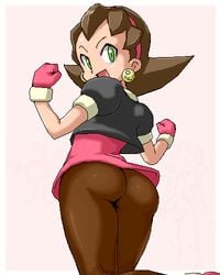 ass brown_hair capcom crotch_plate green_eyes isu kobun looking_back lowres mega_man mega_man_legends oekaki pantyhose squatting tron_bonne