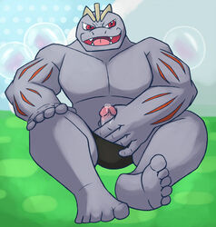 2013 5_toes anthro barefoot biceps big_muscles bubble digitigrade erection fangs grey_skin machoke male male_only muscles nintendo pecs penis penis_grab pokemon pokemon_(species) pokemon_amie pose precum red_eyes sitting solo thegreatmatsutzu toes video_games