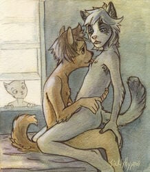 anthro being_watched brown_fur brown_hair canine cowgirl_position erection feline fur furry furry_only gay hair licking male nipples no_humans nude on_bed penis sex sicklyhypnos skinny tongue