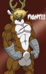 abs antlers balls bandage biceps big_muscles black_nose blonde_hair blue_eyes boxing_tape brown_fur cervine chest_tuft deer flaccid fur gideon hair horn hyper hyper_balls hyper_penis jaeger_(gideon) male male_only muscles nipples nude pecs penis pose scar sheath solo standing tongue tongue_out tuft vein white_fur