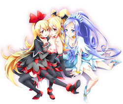 3girls aida_mana arm_warmers asymmetrical_clothes bare_shoulders bat_print bat_wings black_dress black_gloves black_jacket black_legwear blonde_hair blue_dress blue_eyes blue_hair boots bracelet breast_grab breast_squeeze breasts breasts_out choker cleavage clothing corruption cure_diamond cure_heart curly_hair detached_sleeves dokidoki!_precure dress earrings female female_only fully_clothed gloves hair_ornament hair_ribbon half_updo heart high_heels highres hishikawa_rikka jacket jewelry long_hair magical_girl multiple_girls mytyl nipples no_bra pantyhose ponytail precure pretty_cure red_eyes regina_(dokidoki!_precure) ribbon shoes sitting small_breasts squeezing stockings thighhighs tied_hair touching undressing white_background wings yuri