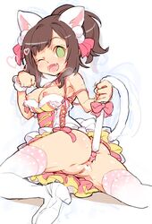 anal_beads anal_beads_tail anal_insertion animal_ears ass bare_shoulders bow breasts brown_hair cat_ears censored cute_fang female green_eyes heart high_heels highres idolmaster idolmaster_cinderella_girls insertion maekawa_miku najimi_shin paw_pose pussy sex_toy short_hair solo thighhighs white_legwear wink