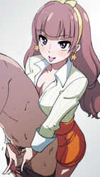 :p amanogawa_kirara breasts brown_hair censored cleavage clothing earrings female go!_princess_precure hairband handjob jewelry long_hair medium_breasts mosaic_censoring penis precure pretty_cure purple_eyes shimazu_tekkou solo_focus star star_earrings tied_hair tongue tongue_out twintails