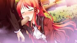 16:9 1boy blush breasts censored closed_eyes fellatio female game_cg hinomiya_ayari ko~cha long_hair oral penis red_hair witch's_garden