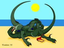 1990s 20th_century 69 1995 anthro beach bikini claws closed_eyes cunnilingus dinosaur duo female female_on_top green_eyes green_skin lying on_back oral oral_sex pussy raised_tail sand scalie sea seaside sex sun tan tongue tongue_out vaginal_penetration water wooky year