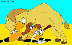 1990s 1997 20th_century anthro anthro_on_feral camel canine closed_eyes color cum cum_on_face cunnilingus day desert duo ek_goya erection female feral fox fur hairband interspecies licking lying male mammal messy nude on_front oral oral_sex orange_fur outdoors penis raised_tail sand sex side_view straight tail tan_fur tongue tongue_out toony vaginal_penetration white_belly zoophilia